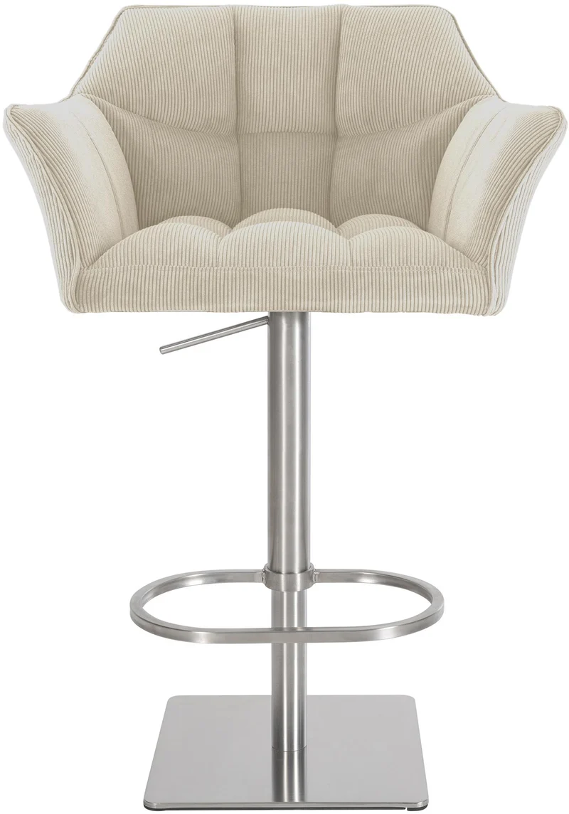 Tabouret de bar x1 réglable en velours côtelé crème assise enveloppante capitonnée et avec base carrée en acier inoxydable 10_0005895