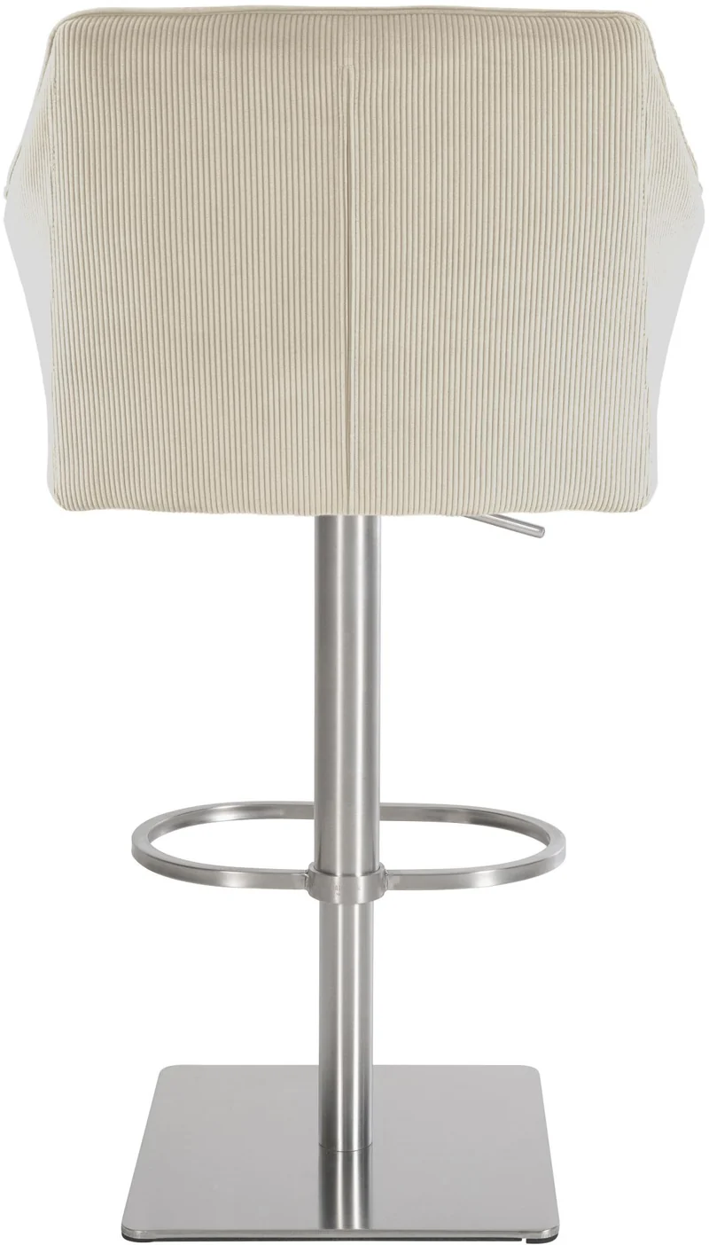 Tabouret de bar x1 réglable en velours côtelé crème assise enveloppante capitonnée et avec base carrée en acier inoxydable 10_0005895