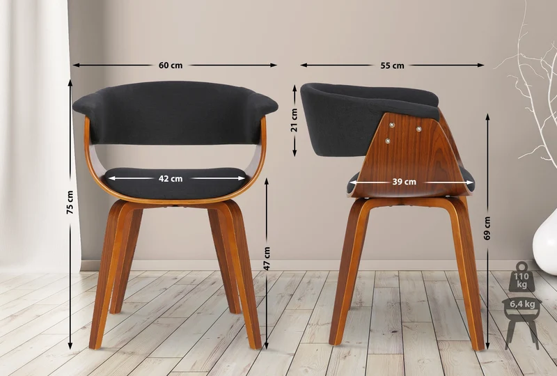 Chaise de bureau salle à manger style scandinave avec revêtement en tissu noir cadre en bois couleur noyer 10_0002196