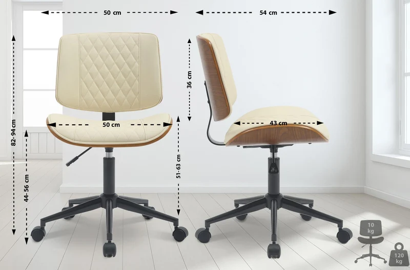 Fauteuil de bureau ergonomique réglable – Dossier matelassé à losanges PVC crème bois noyer 10_0007088