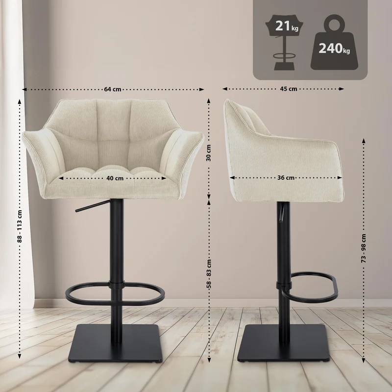 Tabouret de bar x1 réglable en velours côtelé crème assise enveloppante capitonnée et avec base carrée en métal noir 10_0005891