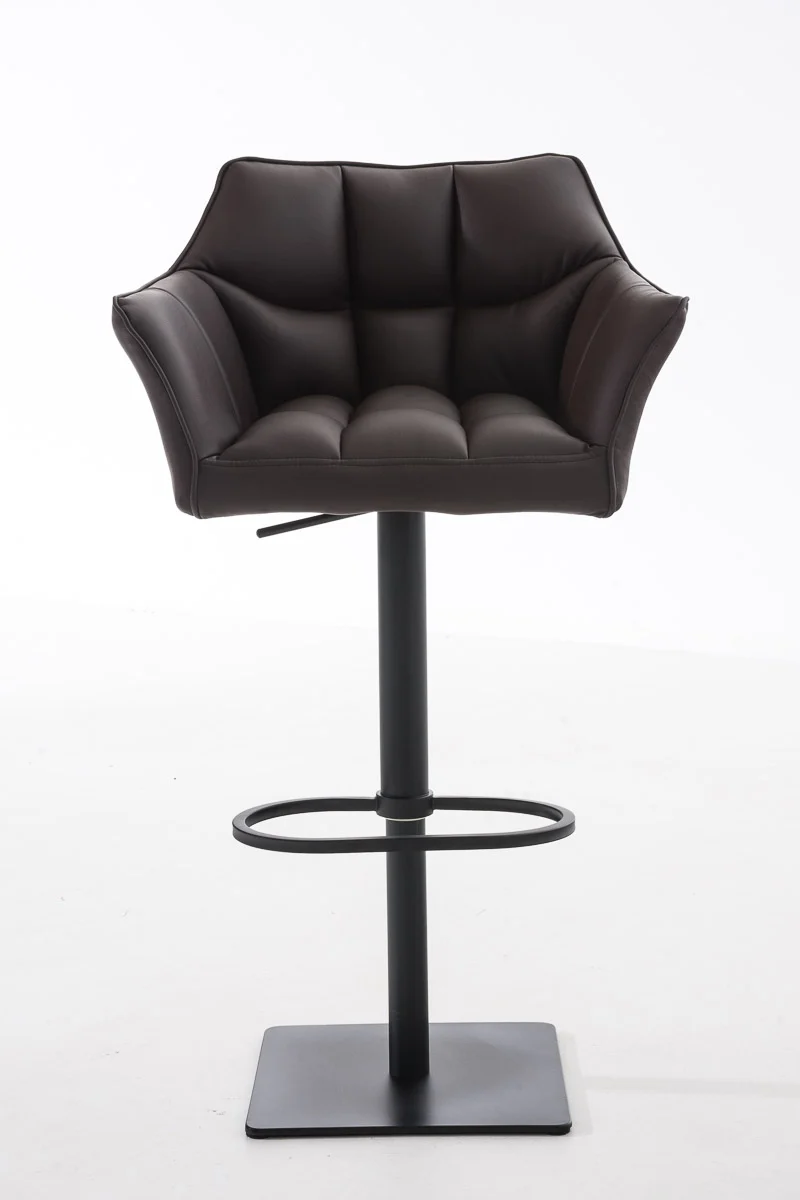 Tabouret de bar chaise haute de comptoir couture carrées assise en PVC marron cadre en métal noir 10_0004674