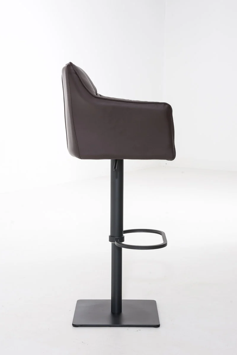 Tabouret de bar chaise haute de comptoir couture carrées assise en PVC marron cadre en métal noir 10_0004674