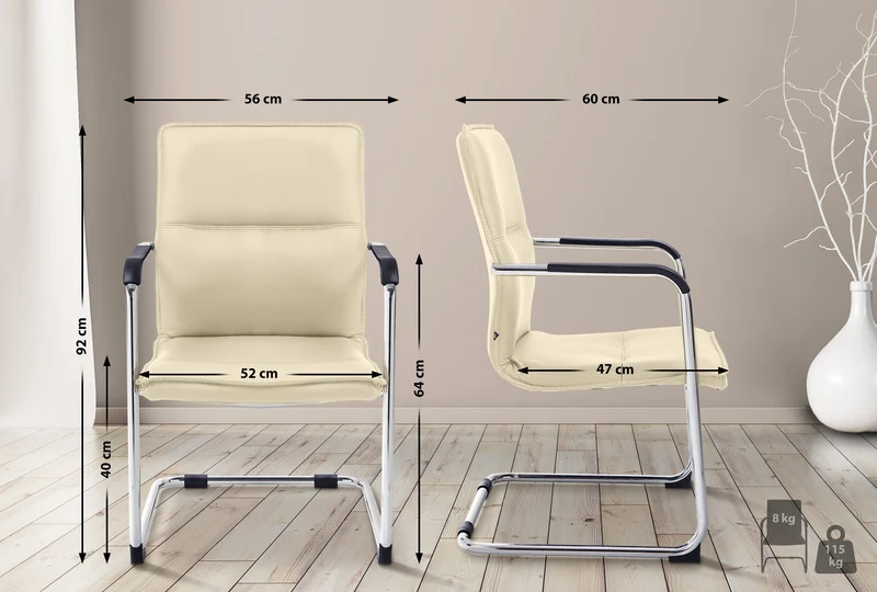 Chaise de bureau fauteuil visiteur avec accoudoirs en PVC crème et métal aspect chromé 10_0007705