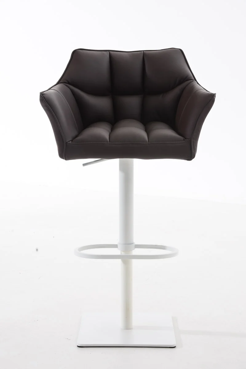 Tabouret de bar chaise haute de comptoir couture carrées assise en PVC marron cadre carré en métal blanc 10_0004736