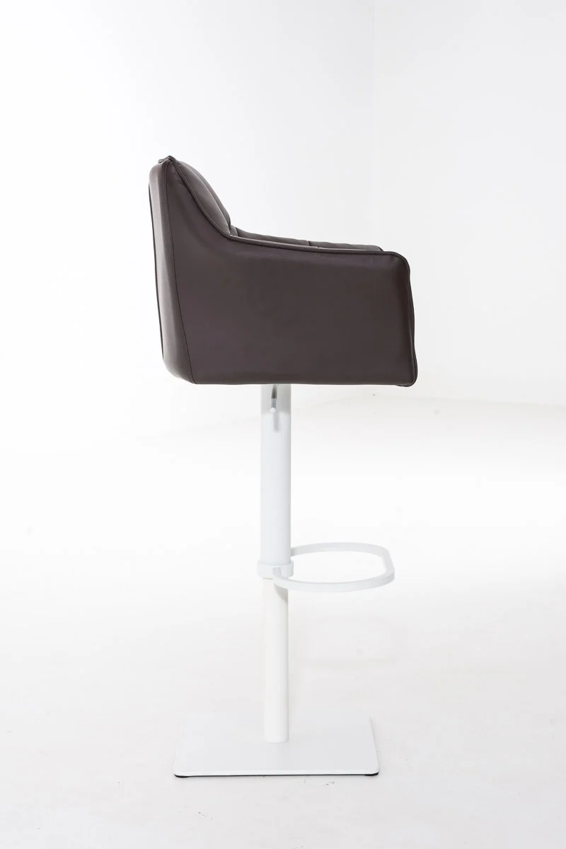 Tabouret de bar chaise haute de comptoir couture carrées assise en PVC marron cadre carré en métal blanc 10_0004736