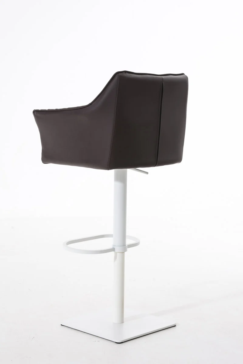 Tabouret de bar chaise haute de comptoir couture carrées assise en PVC marron cadre carré en métal blanc 10_0004736