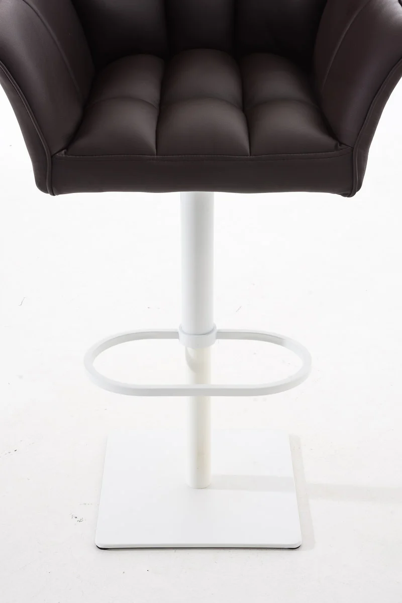 Tabouret de bar chaise haute de comptoir couture carrées assise en PVC marron cadre carré en métal blanc 10_0004736