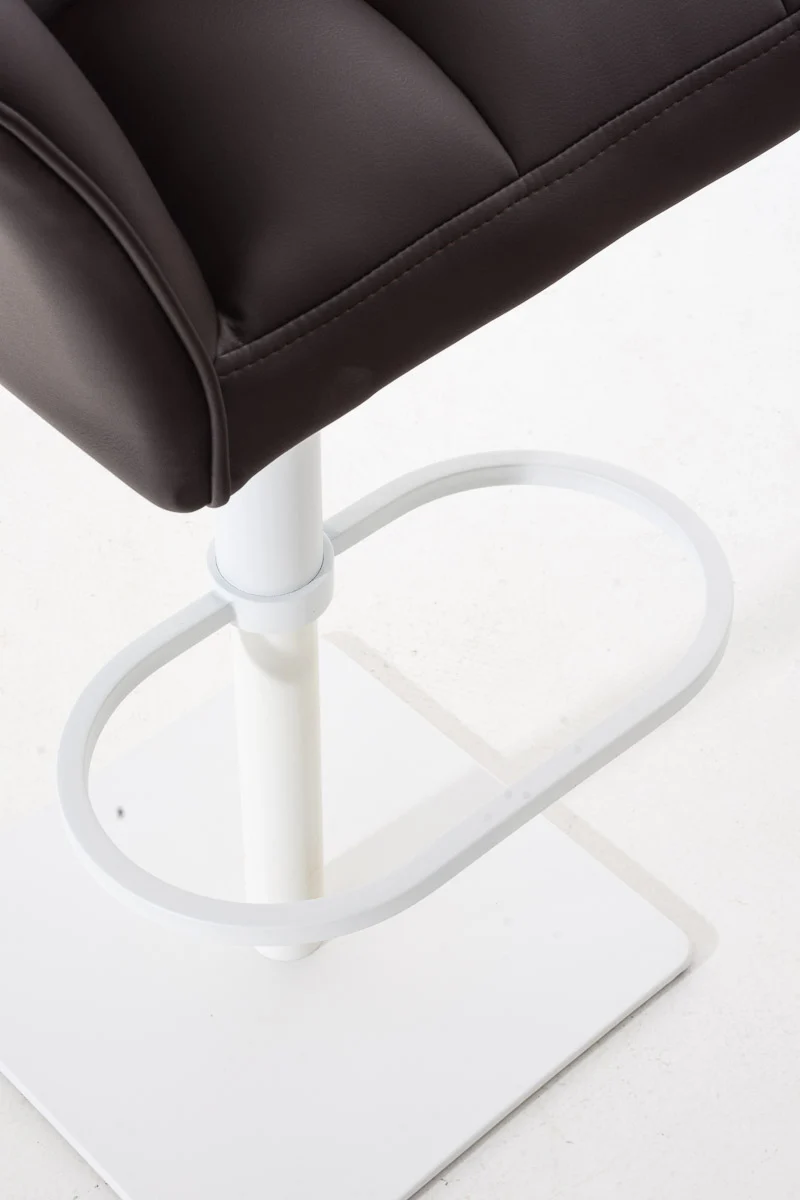 Tabouret de bar chaise haute de comptoir couture carrées assise en PVC marron cadre carré en métal blanc 10_0004736