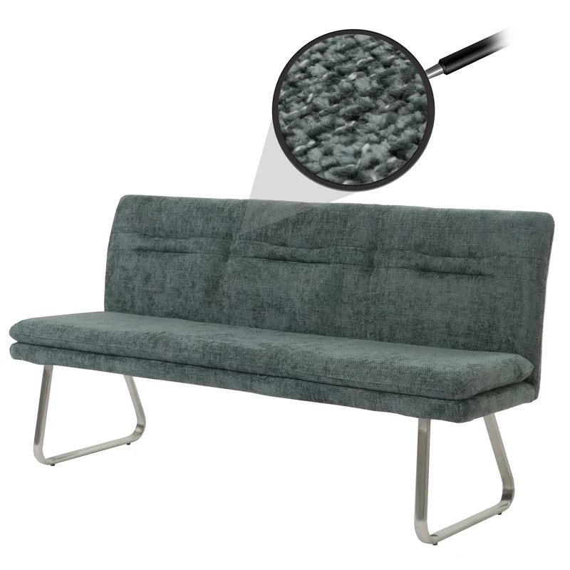 Banc de salle à manger banquette rembourré avec dossier en tissu chenille bleu-vert et acier inoxydable longueur 180 cm 04_0005845