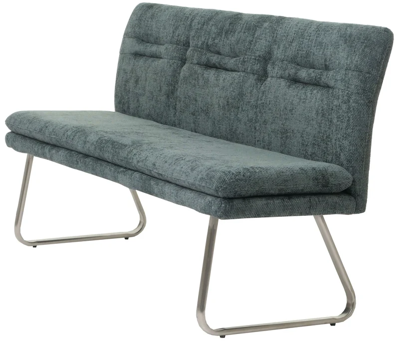 Banc de salle à manger banquette rembourré avec dossier en tissu chenille bleu-vert et acier inoxydable longueur 180 cm 04_0005845