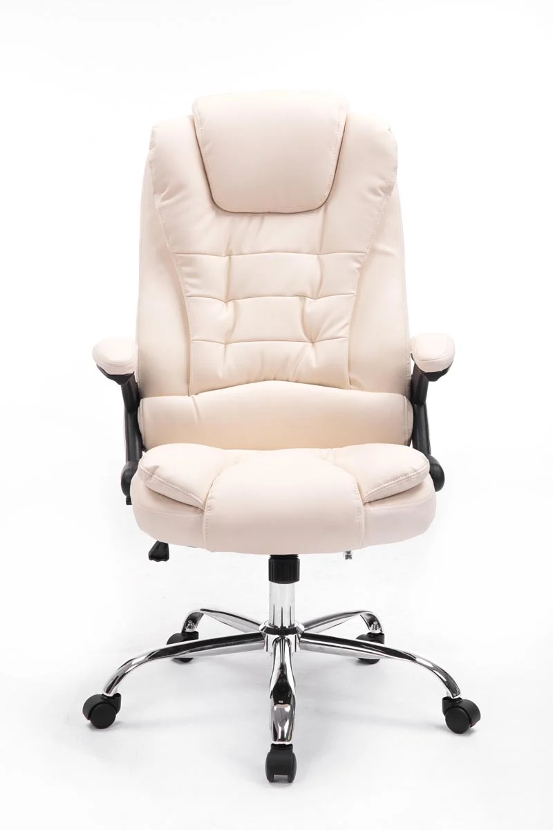 Fauteuil de bureau sur roulettes confortablement rembourrés avec accoudoirs en PVC crème et métal chromé 10_0002657