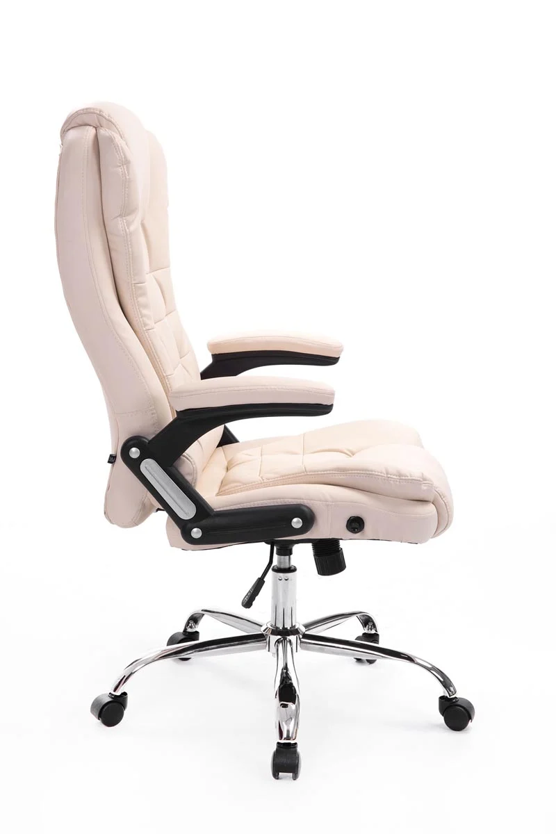 Fauteuil de bureau sur roulettes confortablement rembourrés avec accoudoirs en PVC crème et métal chromé 10_0002657