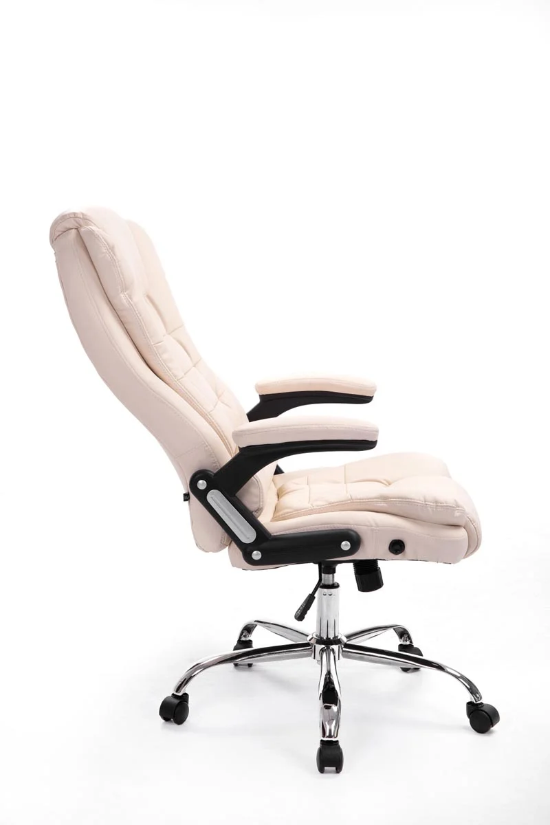 Fauteuil de bureau sur roulettes confortablement rembourrés avec accoudoirs en PVC crème et métal chromé 10_0002657