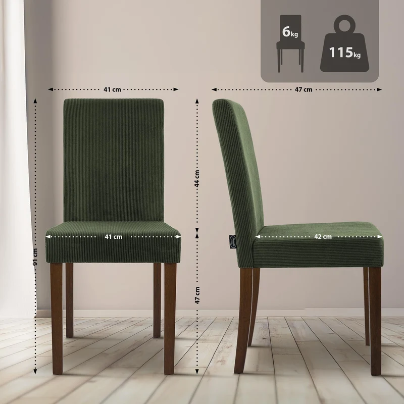Chaise de salle à manger contemporaine x1 dossier haut en velours côtelé vert et pieds en bois foncé 10_0007249