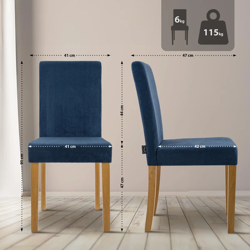 Chaise de salle à manger contemporaine x1 dossier haut en velours côtelé bleu et pieds en bois clair 10_0007245