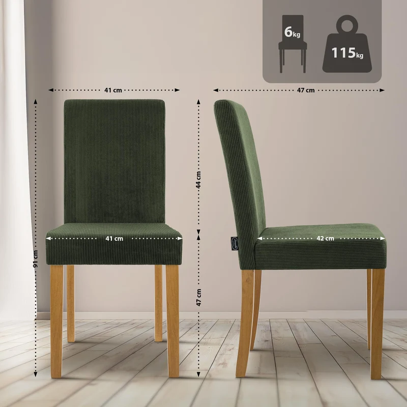 Chaise de salle à manger contemporaine x1 dossier haut en velours côtelé vert et pieds en bois clair 10_0007243