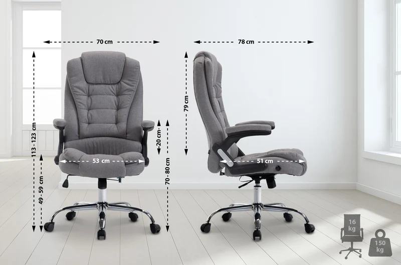 Fauteuil de bureau XXL sur roulettes confortablement rembourrés avec accoudoirs en tissu gris et métal chromé 10_0002665