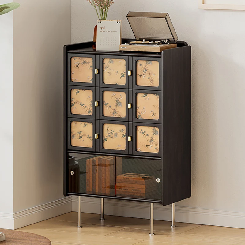Traditional Chinese Large Capacity Rectangular Pine Wood Boxwood Xiangyun Gauze Stainless Steel Metal Glass Storage Cabinet 3-Drawer For Living Room
