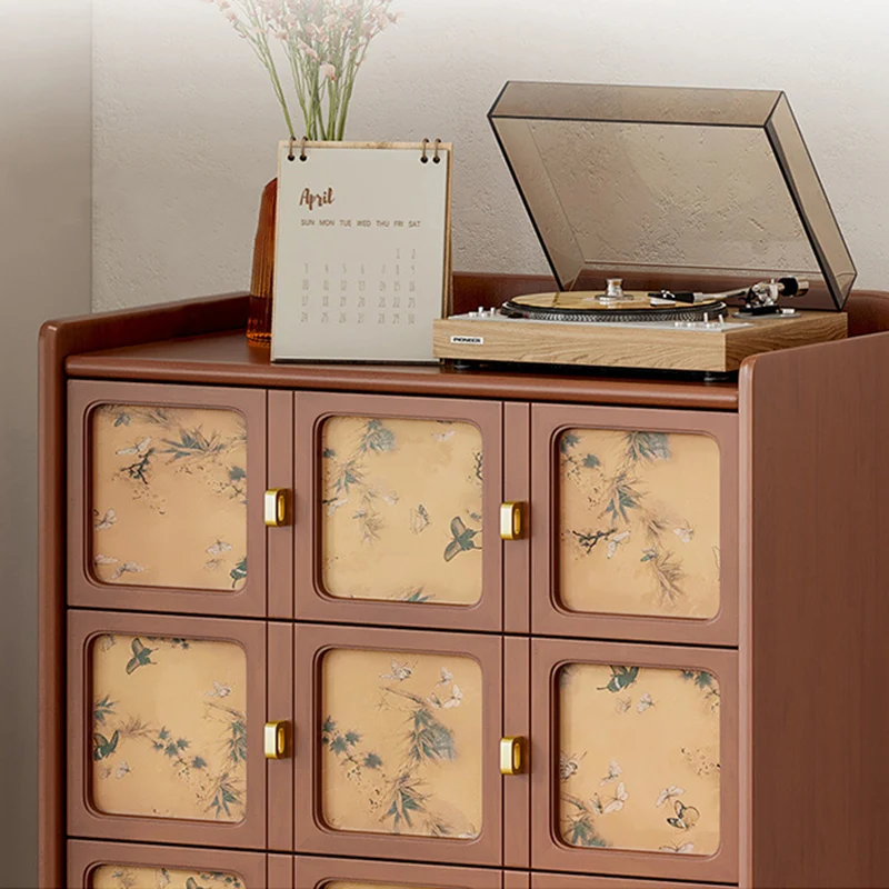 Traditional Chinese Large Capacity Rectangular Pine Wood Boxwood Xiangyun Gauze Stainless Steel Metal Glass Storage Cabinet 3-Drawer For Living Room