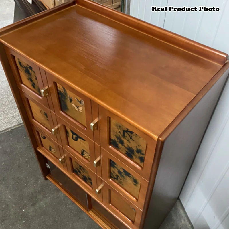 Traditional Chinese Large Capacity Rectangular Pine Wood Boxwood Xiangyun Gauze Stainless Steel Metal Glass Storage Cabinet 3-Drawer For Living Room