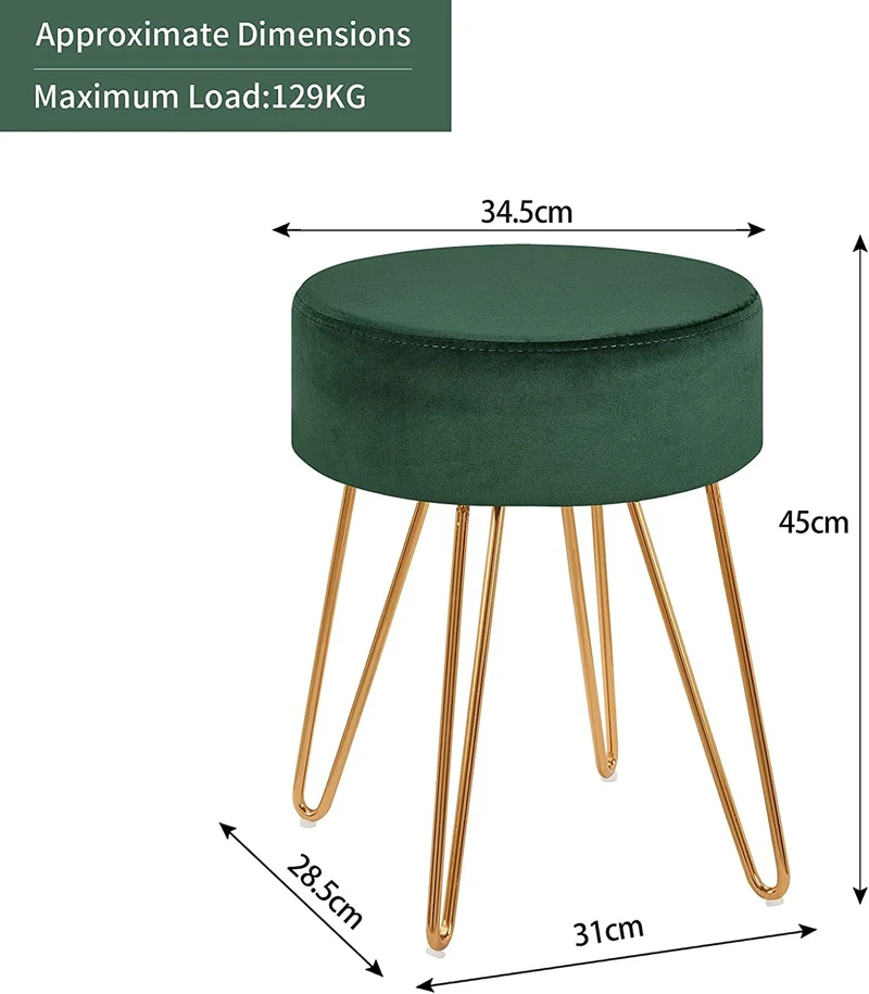 Tabouret en tissu velours vert pieds en métal doré 35x35x45 cm TABO09076