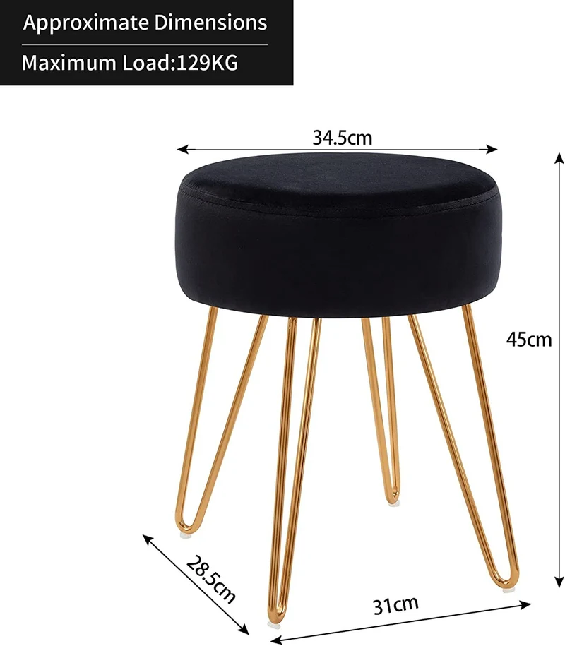 Tabouret en tissu velours noir pieds en métal doré 35x35x45 cm TABO09075