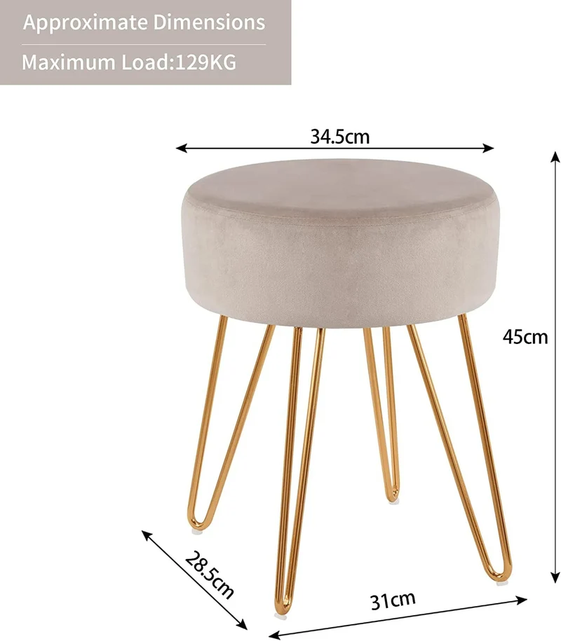 Tabouret en tissu velours crème pieds en métal doré 35x35x45 cm TABO09078