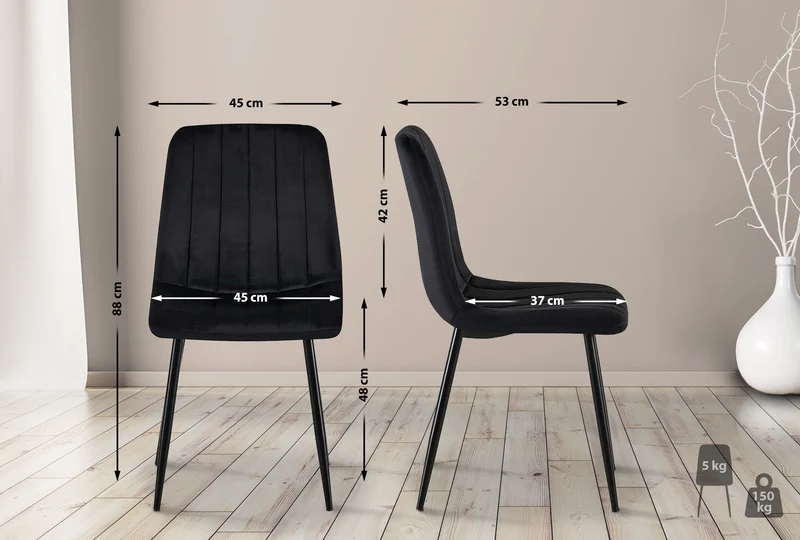 Lot de 4 chaises de salle à manger coutures décoratives vertical en tissu noir et métal noir 10_0001863