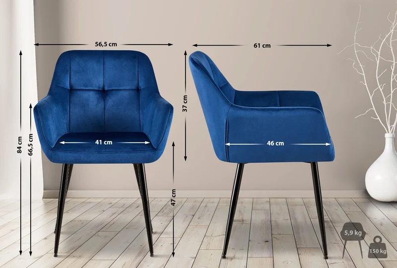 Lot de 2 chaises de salle à manger design retro coutures décoratives en carrées assise en velours bleu 10_0001531