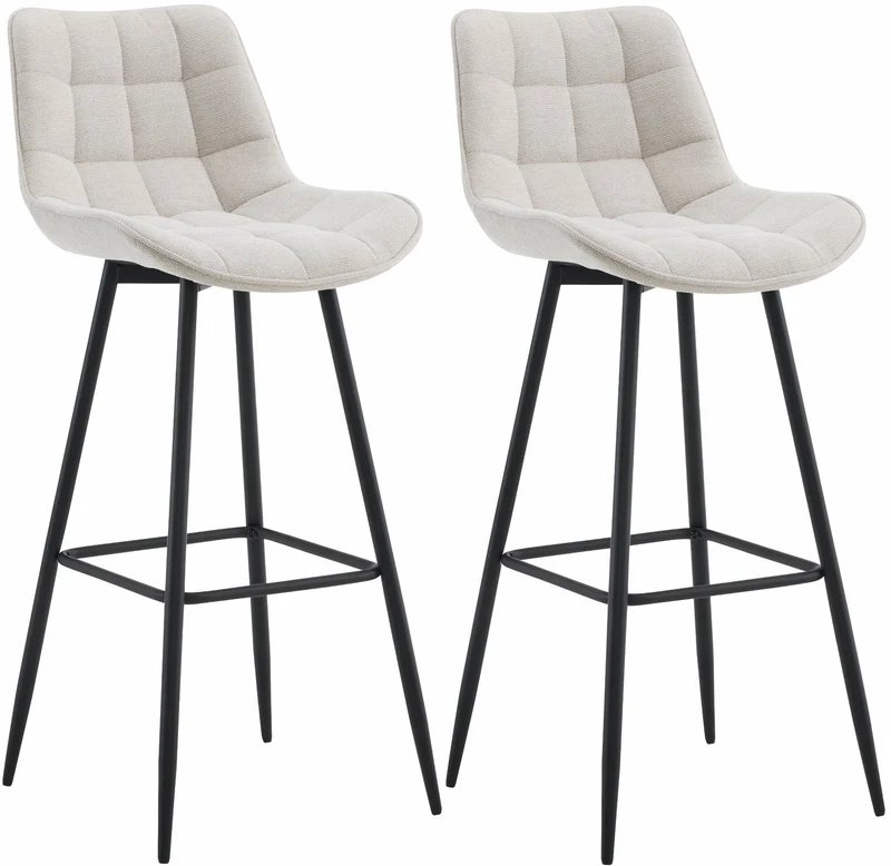 Lot de 2 tabourets de bar coutures décoratives carrées avec repose-pieds en tissu crème quatre pieds en métal 10_0006562