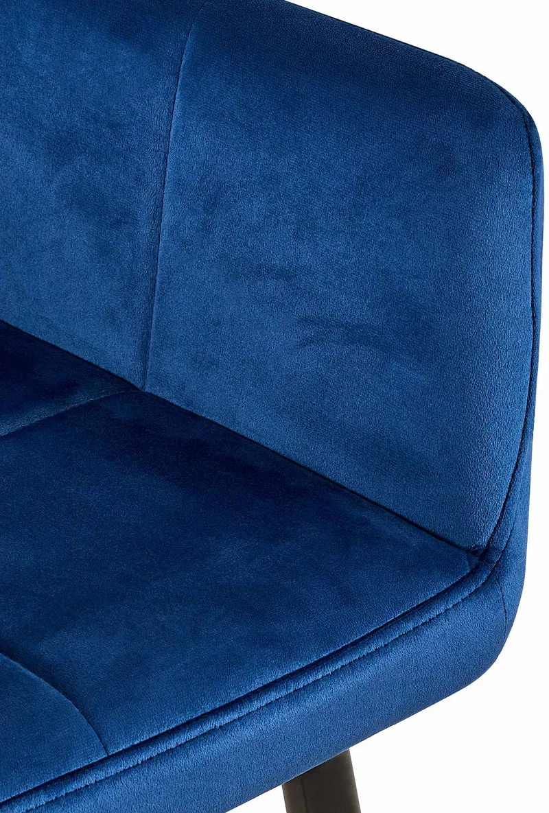 Chaise de salle à manger bureau coutures décoratives carrées en velours bleu pieds en métal noir 10_0001897