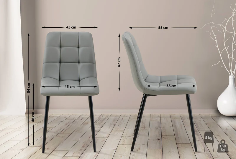 Lot de 4 chaises de salle à manger coutures forme carrées en PVC gris pieds en métal noir 10_0007656