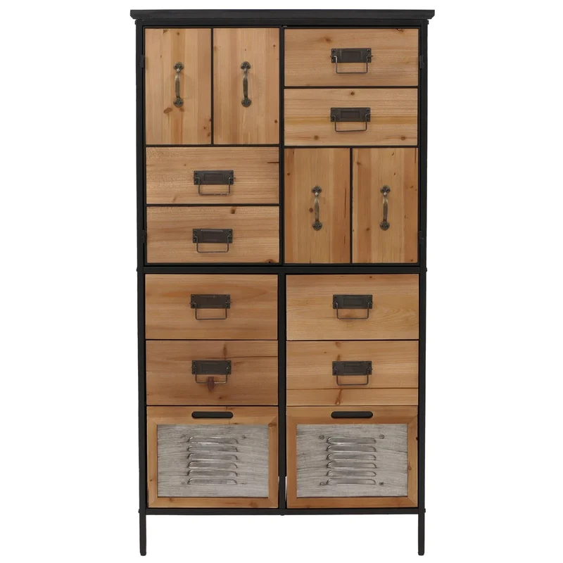 Commode style apothicaire vintage avec 6 tiroirs et 2 placards en bois naturel et métal meuble de rangement hauteur 136 cm 04_0009139