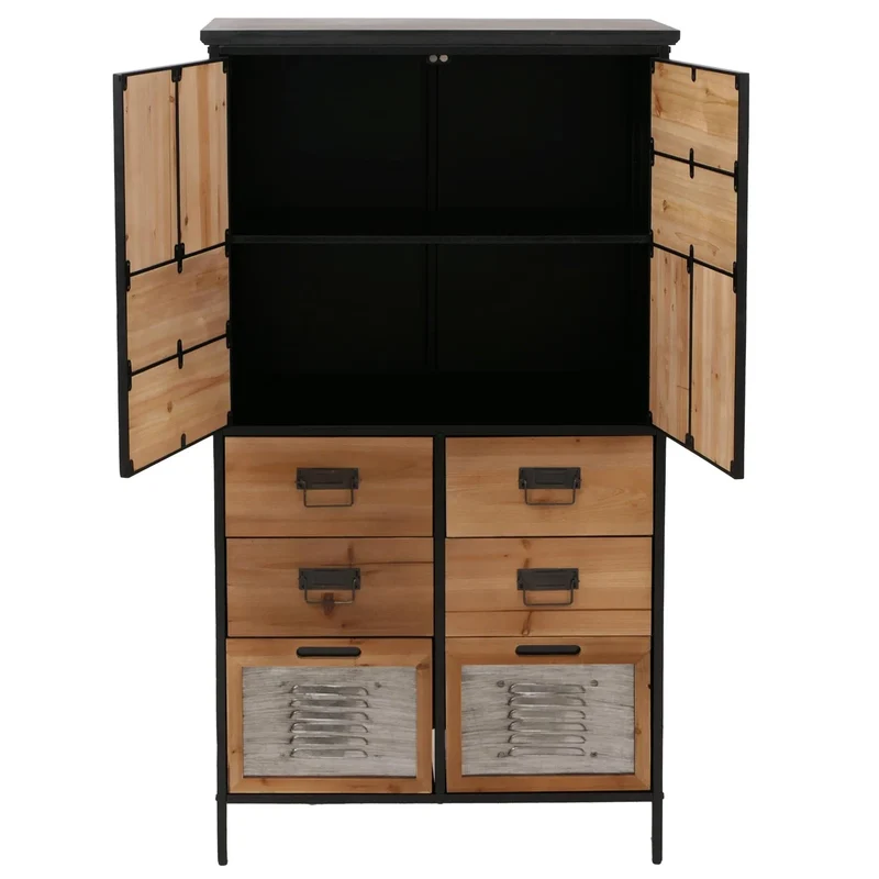 Commode style apothicaire vintage avec 6 tiroirs et 2 placards en bois naturel et métal meuble de rangement hauteur 136 cm 04_0009139