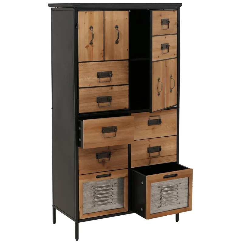 Commode style apothicaire vintage avec 6 tiroirs et 2 placards en bois naturel et métal meuble de rangement hauteur 136 cm 04_0009139