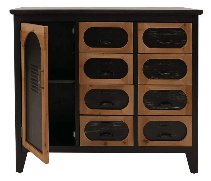Commode style apothicaire vintage industriel avec 8 tiroirs et 2 compartiments meuble de rangement bois et métal noir 04_0009120