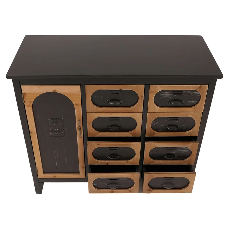 Commode style apothicaire vintage industriel avec 8 tiroirs et 2 compartiments meuble de rangement bois et métal noir 04_0009120