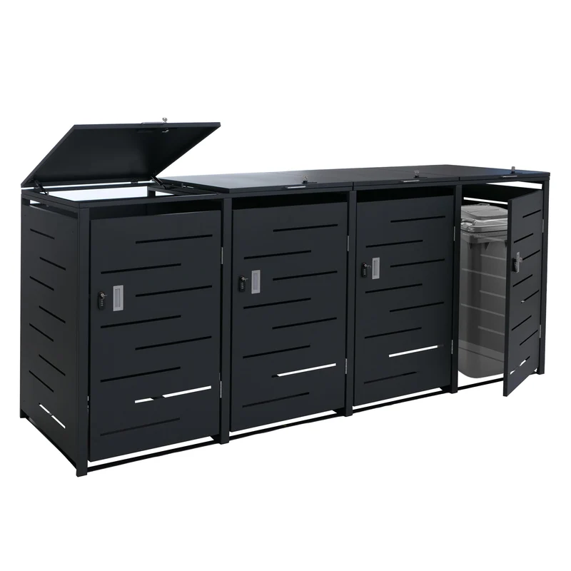 Cache-poubelles extérieur pour 4 bacs 80 à 240 L en acier anthracite abri poubelles avec couvercles à vérins et portes verrouillables 04_0008938