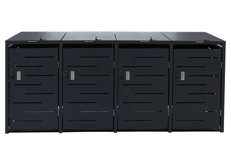 Cache-poubelles extérieur pour 4 bacs 80 à 240 L en acier anthracite abri poubelles avec couvercles à vérins et portes verrouillables 04_0008938