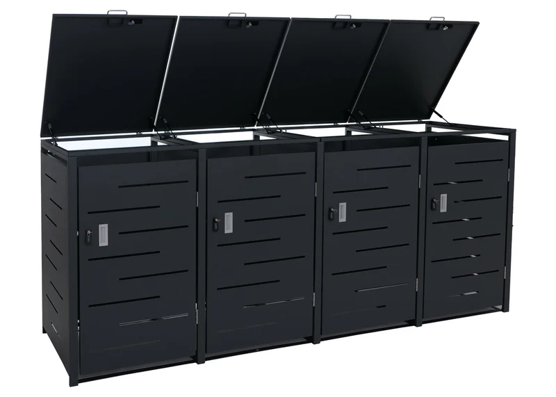Cache-poubelles extérieur pour 4 bacs 80 à 240 L en acier anthracite abri poubelles avec couvercles à vérins et portes verrouillables 04_0008938