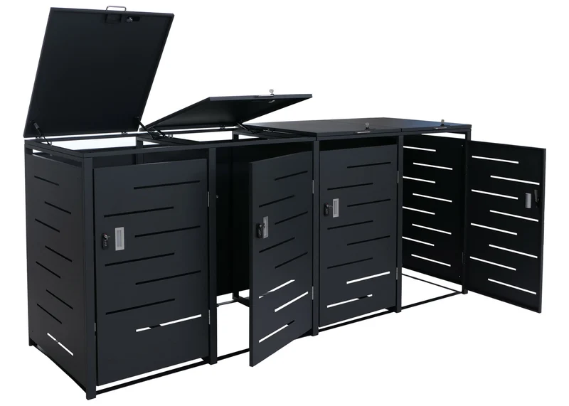Cache-poubelles extérieur pour 4 bacs 80 à 240 L en acier anthracite abri poubelles avec couvercles à vérins et portes verrouillables 04_0008938