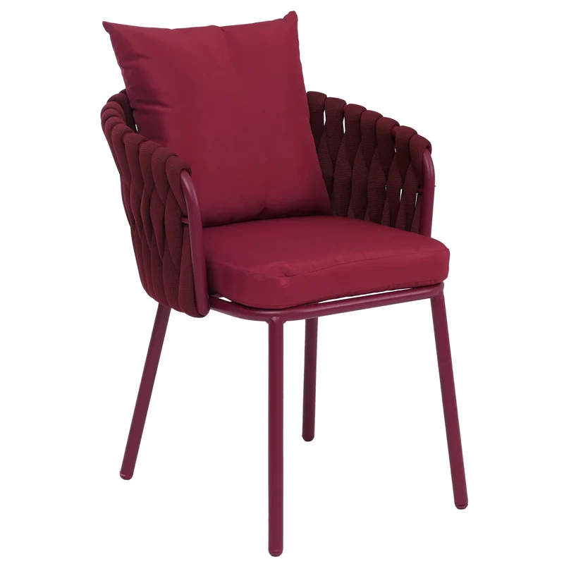 Lot de 6 chaises de salle à manger avec accoudoirs structure aluminium et tressage corde tissu bordeaux 04_0008724