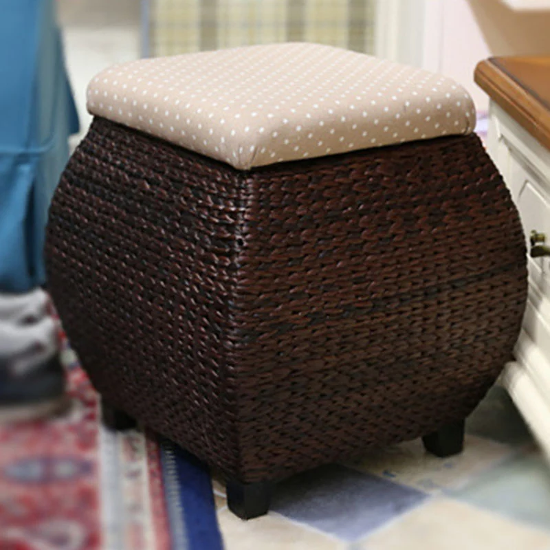 Traditional Farmhouse Fabric Wood Stainless Steel Paper Vine Reed Square Imitation Rattan Weaving Low Stool Armless For Entryways