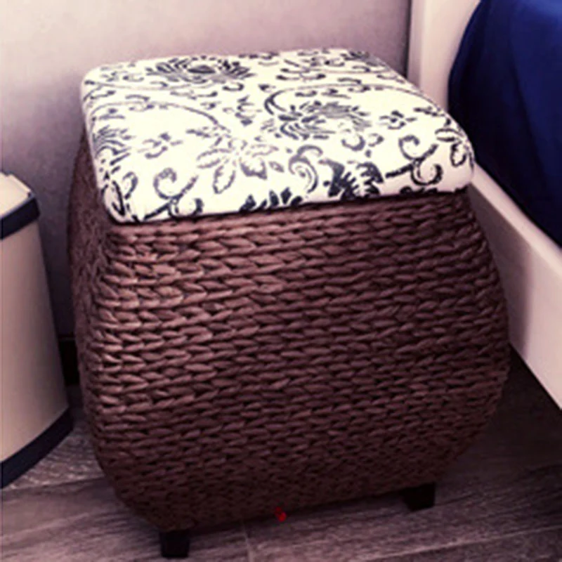 Traditional Farmhouse Fabric Wood Stainless Steel Paper Vine Reed Square Imitation Rattan Weaving Low Stool Armless For Entryways