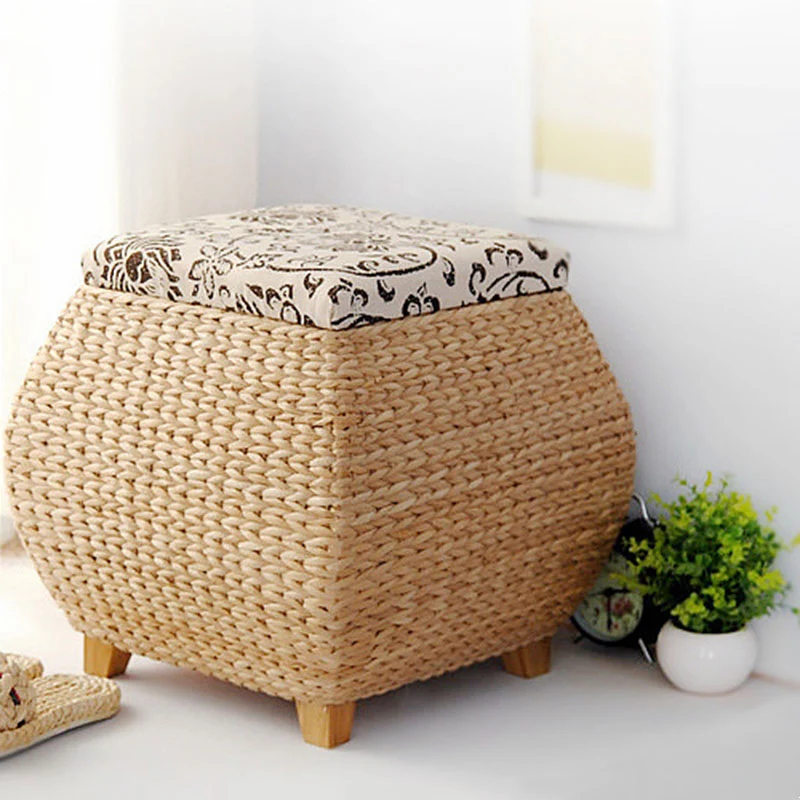 Traditional Farmhouse Fabric Wood Stainless Steel Paper Vine Reed Square Imitation Rattan Weaving Low Stool Armless For Entryways