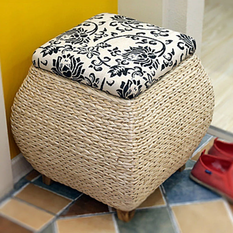 Traditional Farmhouse Fabric Wood Stainless Steel Paper Vine Reed Square Imitation Rattan Weaving Low Stool Armless For Entryways
