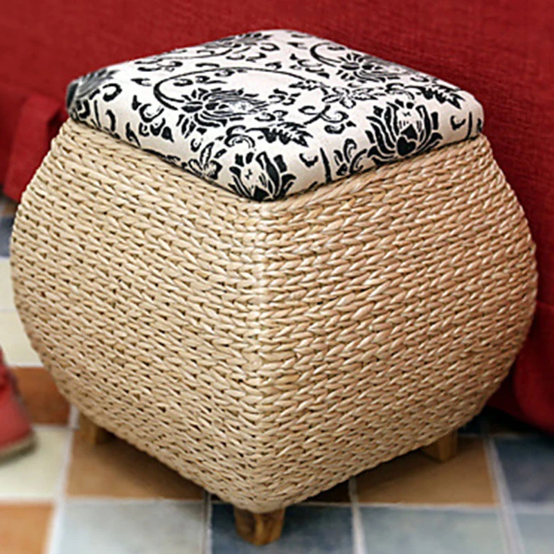 Traditional Farmhouse Fabric Wood Stainless Steel Paper Vine Reed Square Imitation Rattan Weaving Low Stool Armless For Entryways