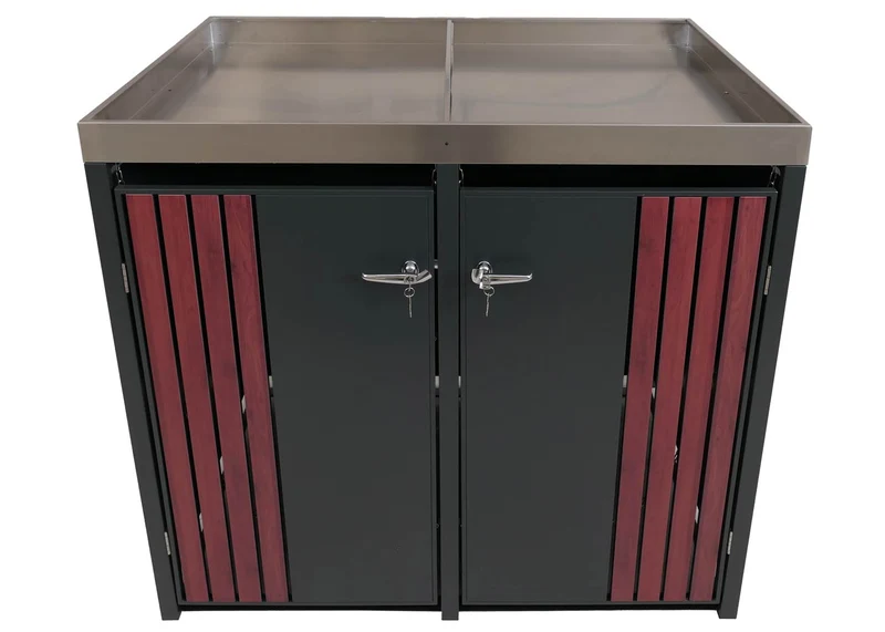 Cache-poubelles double avec bac à plantes abri pour 2 poubelles 80 à 240 L métal anthracite effet bois foncé 04_0009322