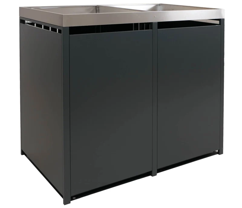 Cache-poubelles double avec bac à plantes abri pour 2 poubelles 80 à 240 L métal anthracite effet bois foncé 04_0009322